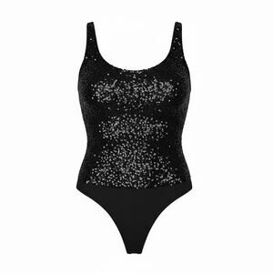 Donna Karan New York Black Silk Sequined Tank Bodysuit Size M Vintage 90s
